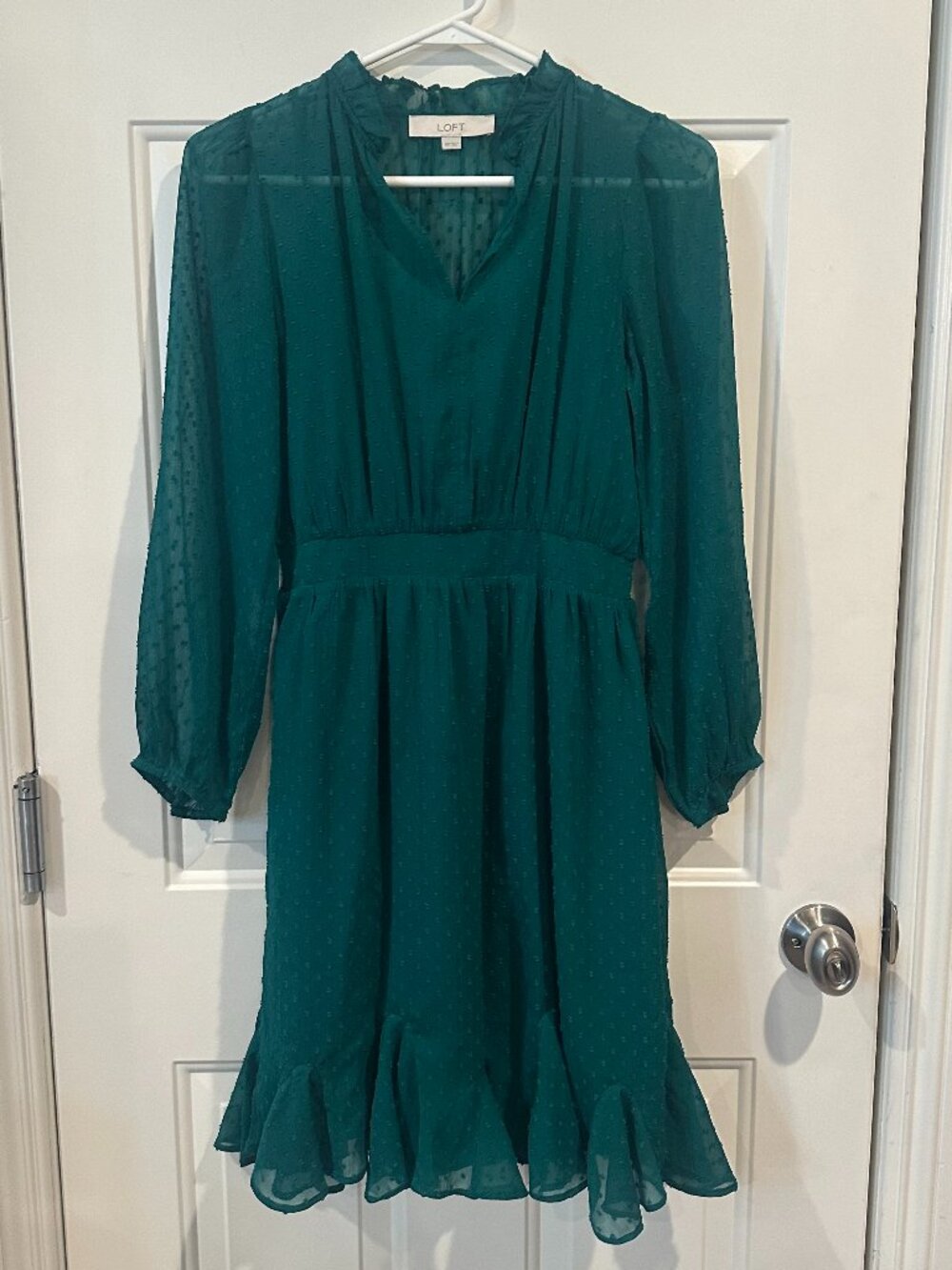 LOFT Teal Green Clip Dot Godet Dress Size 00 Long Sleeve Ruffle Hem Orig $95